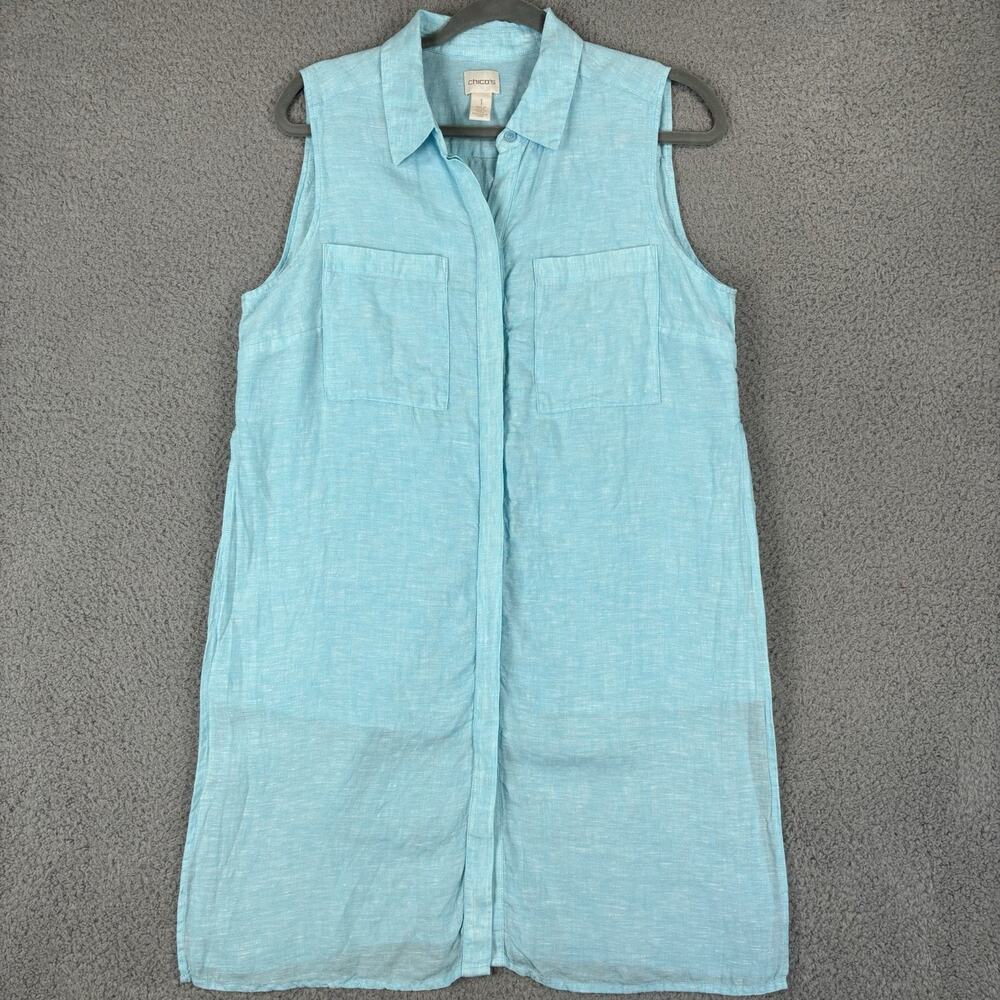 Chicos 100% Linen Tunic Dress Medium Aqua Beachy Coastal Resort Cruise Natural